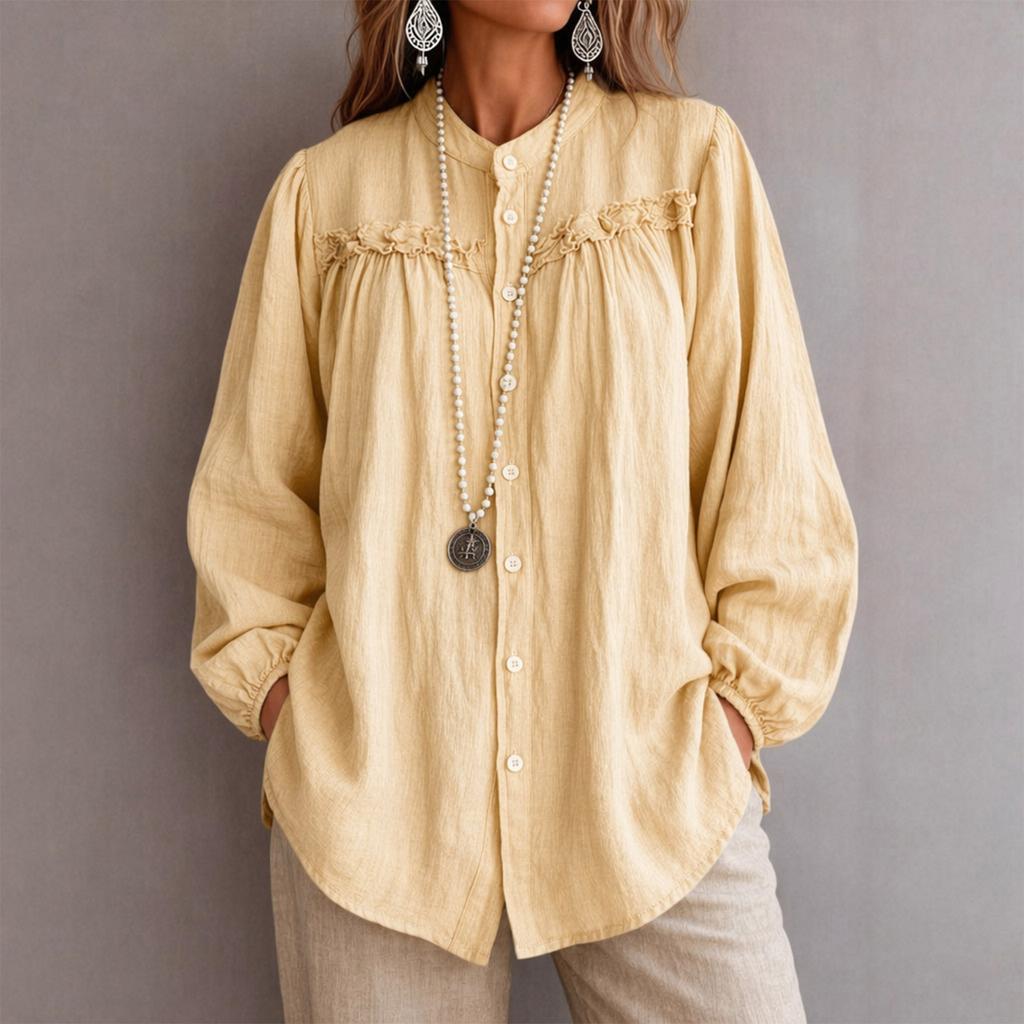 Women's Fall Long Sleeve Blouse with Embroidery and Cutout, Round Neck Loose Fit Casual Shirt