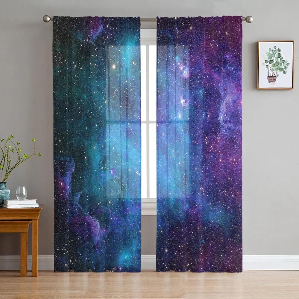 Star Galaxy Starry Sky Tulle Curtains For Living Room Bedroom Kitchen Decoration Chiffon Sheer Voile Window Curtains Kids Drape