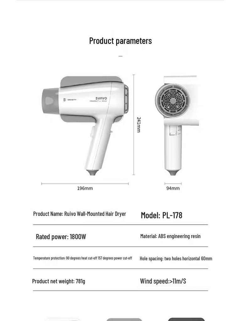 Ruivo Hotel Wall-Mounted Hair Dryer with Negative Ion Technology for Hot & Cold Air