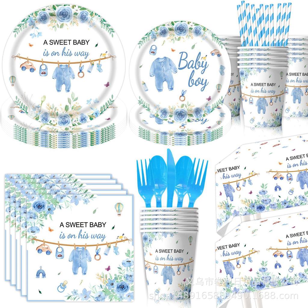 Blaues Taufthema Partyzubehör Babyparty Dekoration Partygeschirr Banner Tissue Arrangement Zubehör