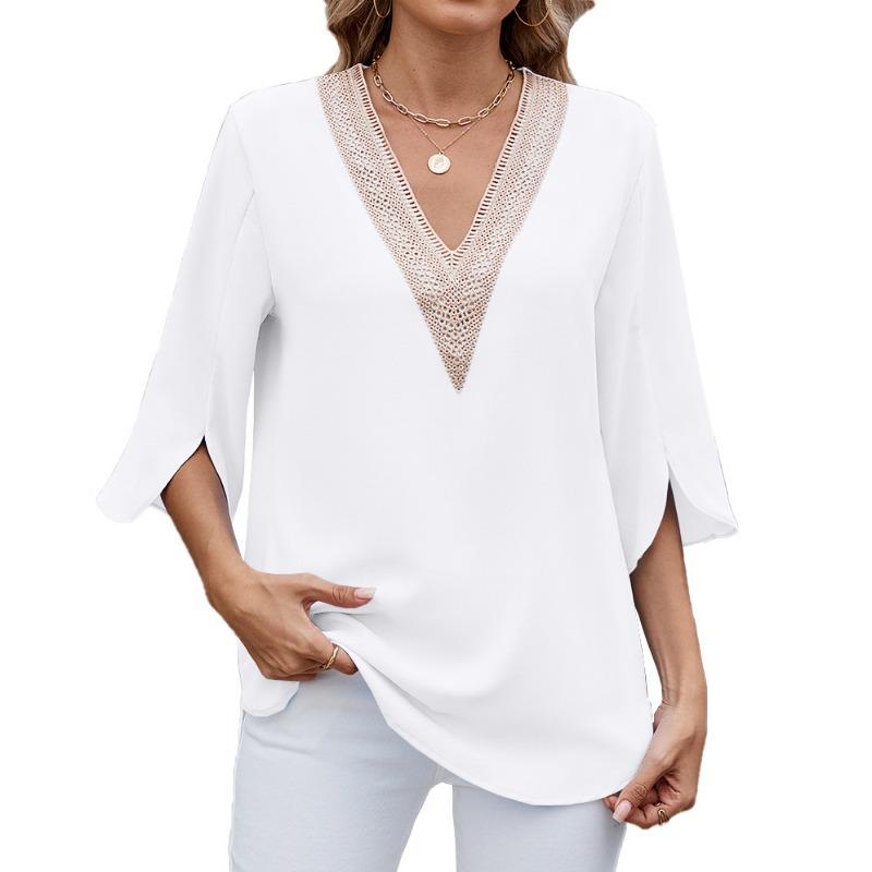 Women's Spring and Summer New Solid Colour V-neck Mid-sleeve Lace Chiffon Blouse
