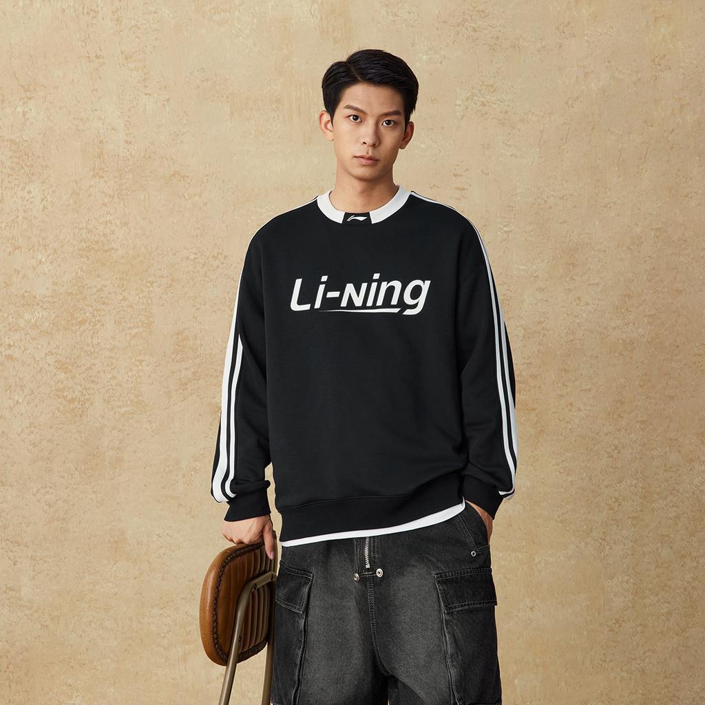 Li Ning Sports Fashion Series Anti-Static Anti-Bacterial Fleece Warm Letter Crew Neck Long Sleeve Sweatshirt Unisex Sweatshirt Black AWDUB71-6