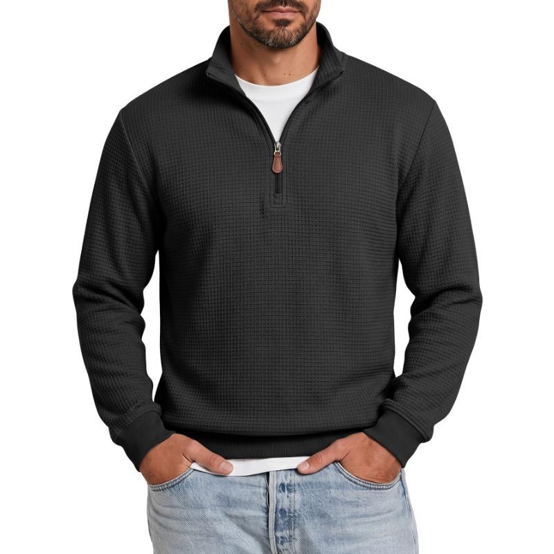 Men S American Style Waffle Knit Half Zip Stand Collar Long Sleeve Pullover Sweatshirt