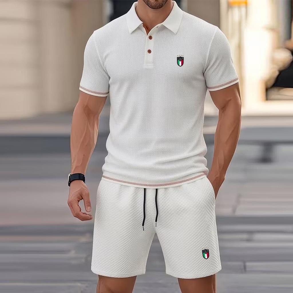 Basic Polo Shorts 2Pack Set,3Button Knit Color-Blocked Cuffs, Versatile Style for Men's Work and Sports