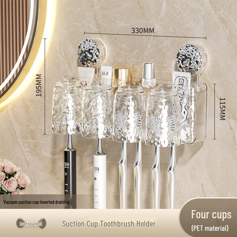 Wall-Mounted Suction Cup Toothbrush & Toothpaste Holder Set with Tooth Squeezer and Cup for Family Bathrooms