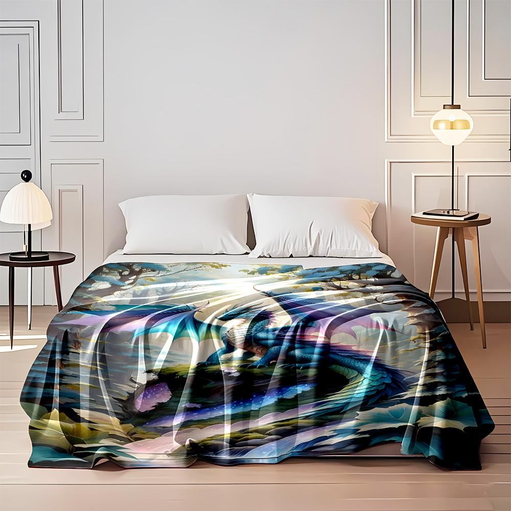 Majestic Colorful Dragon in Enchanted Forest Flannel blanket for bedroom, living room, sofa, and nap sofas