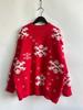 Red Christmas sweater, women's snowflake towel, embroidered round neck long sleeved Christmas themed pullover sweater 3505 KTB