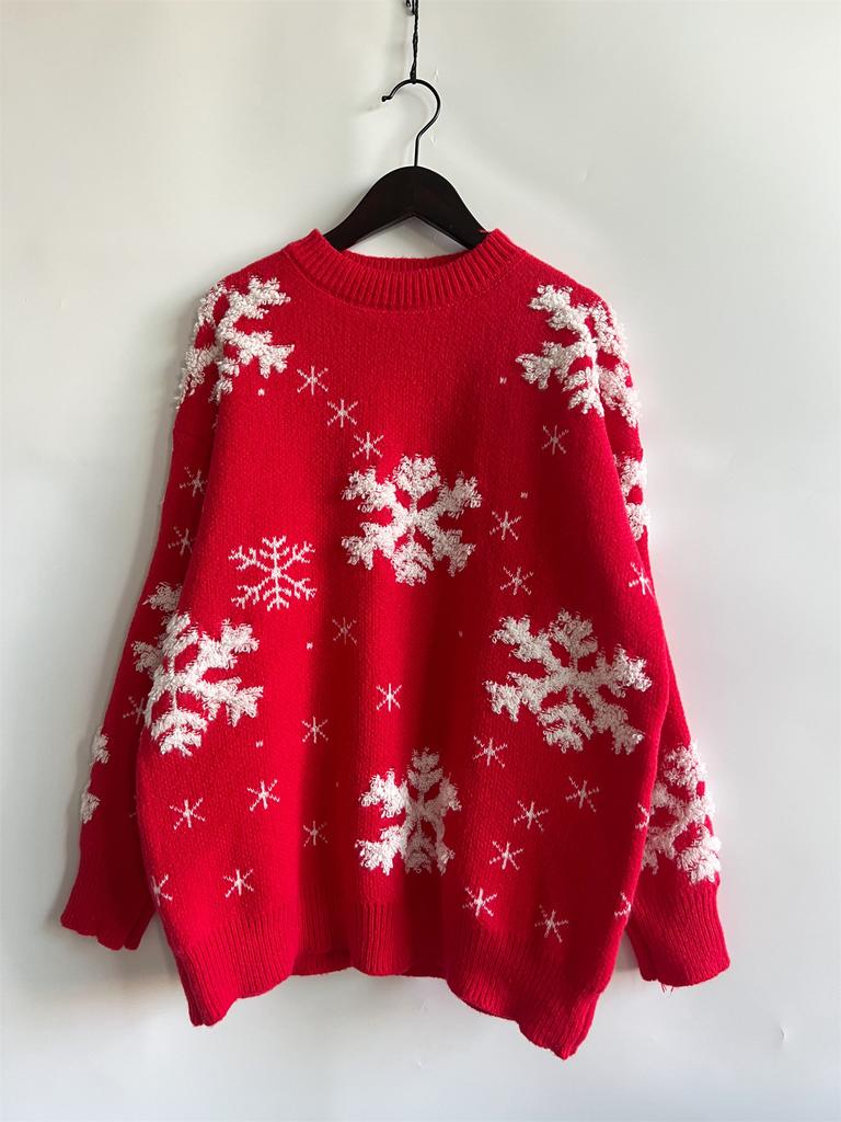 Red Christmas sweater, women's snowflake towel, embroidered round neck long sleeved Christmas themed pullover sweater 3505 KTB