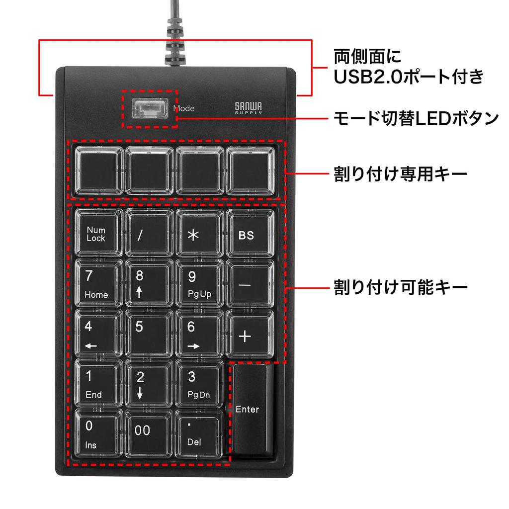 Sanwa Supply NT-19UH2BKN2 Programmable Numeric Keypad with Assignment Function, Wired USB Connection, Membrane, 23 Keys + Switch Button