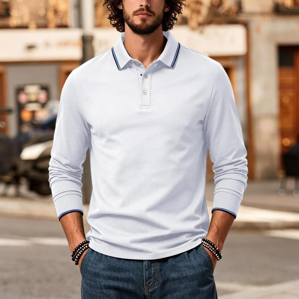 Men's Long Sleeve Polo Shirt Classic Solid Color Button Down Collar Slim Fit Casual Top for Everyday Wear Comfortable Fabric