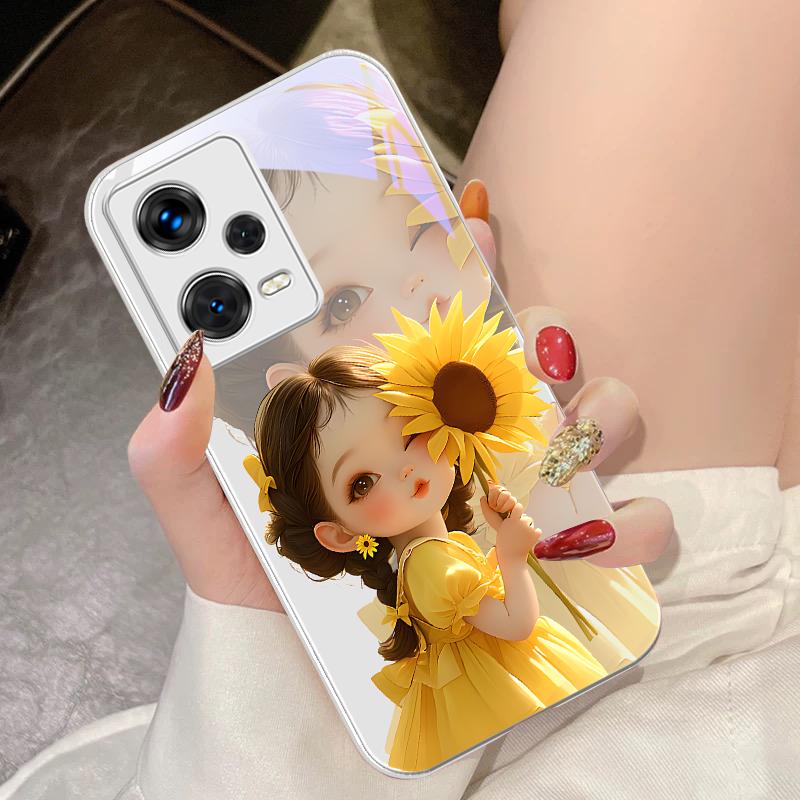 Sunflower Girl Pink For Xiaomi 14 Ultra 13 Lite Redmi Note 13 11 Pro 12 Plus Poco X6 3 Pro F4 6 GT Tempered Glass Phone Case