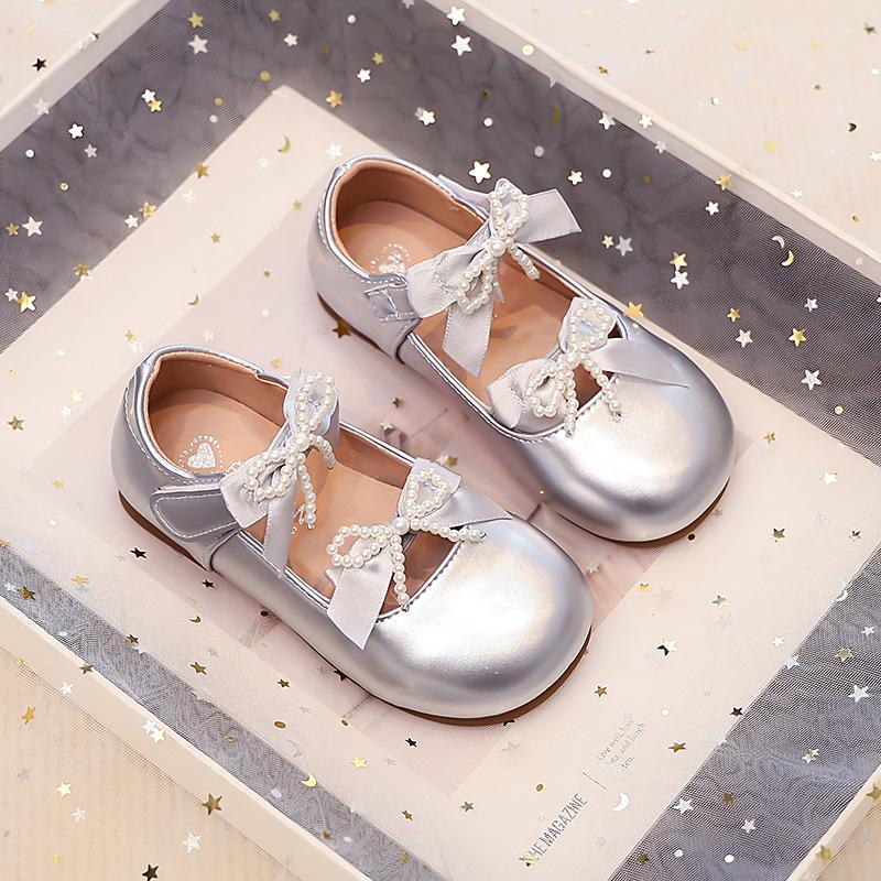 Girls Metallic Mary Jane Pearl Bow Soft Sole Princess Flat Shoes 26 серебряный