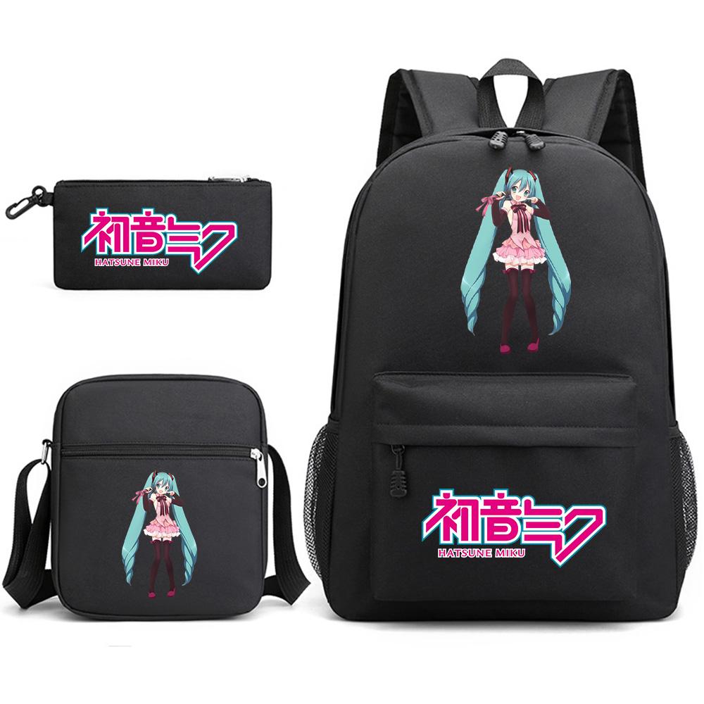 3Pcs/set Anime Cartoon Hatsune Miku Printed Backpack with Shoulder Bag Pencil Case for Teenager Student Boy Girl Large Capacity Waterproof School Bag