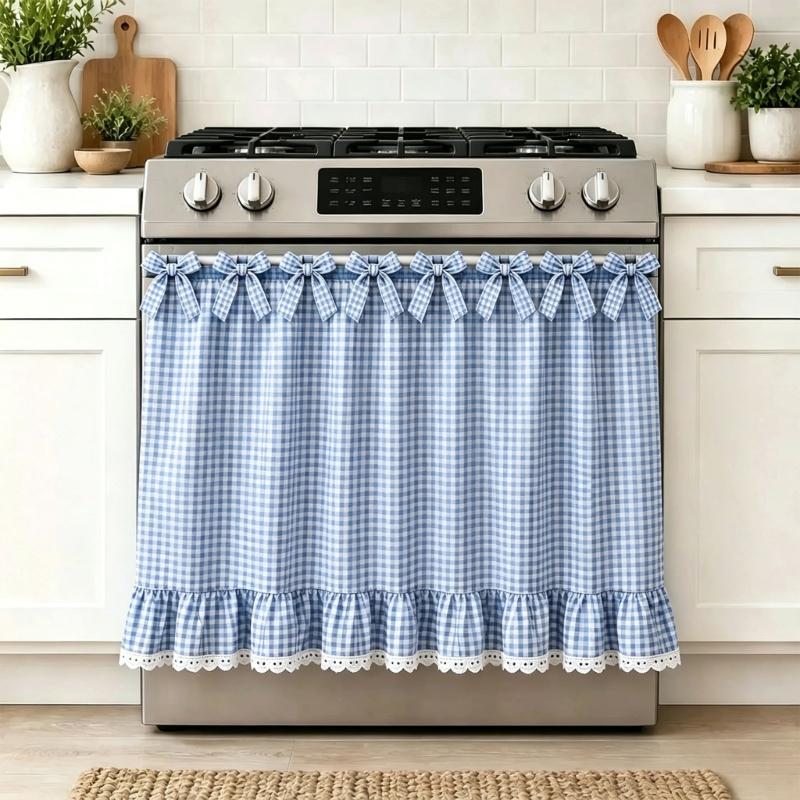 Laundry Room Appliance Cover Curtain, Tie-Top Gingham Dust Cover Panel, 30 x 21.5 In Cotton Blend for Indoor Use