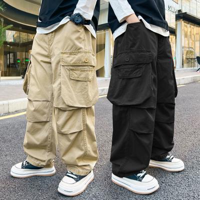 Spring Teenage Boys' Wide Leg Cargo Straight Leg Pants Children Trousers Feet Draw Rope Two Wear Casual Pockets Pants