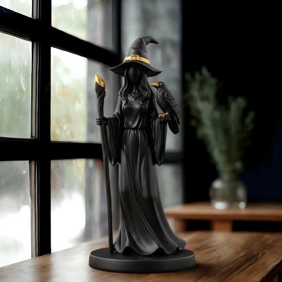 Black Gold Staff Witch Sculpture Halloween Witch Holding Scepter Statue Resin Witch And Raven Figurine for Gothic Home Tabletop Decor