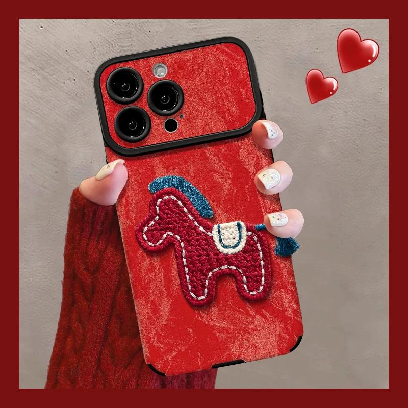 Horse Year Luxury Case for 17 16 Pro Max Casing 15 16 14 Pro 13ProMax 12 11pro Max Phone Cases Red Leather Cover with Wrist Strap