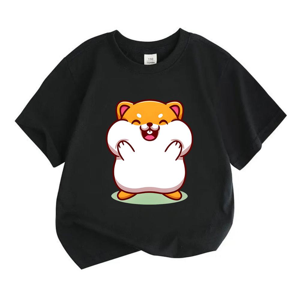 Cute Chubby Cartoon Hamster Print Kids 100% Cotton O-neck Short Sleeve T-Shirt, Casual Soft Breathable Tee for Boys Girls Comfortable Daily Summer Top