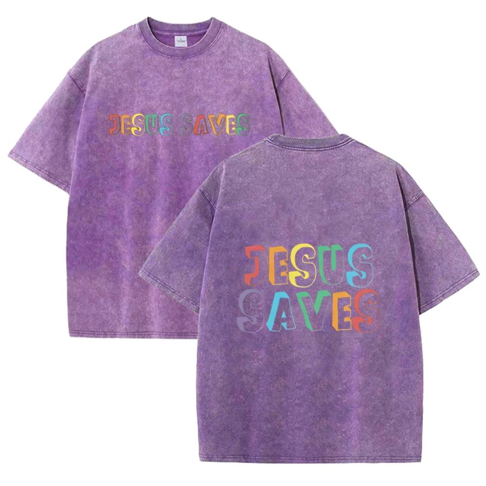 Vintage Spłowiony Dwustronny T-shirt Kolorowy Jezus Zbawca Oversize Chrześcijańska Wiara Streetwear Krótki Rękaw