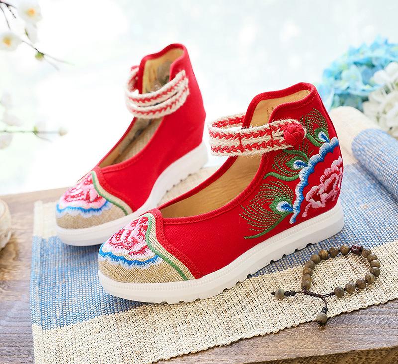 Big white sole, high heels, single shoes, spring mother shoes embroidered cloth shoes women's shoes, ethnic style leisure shoes