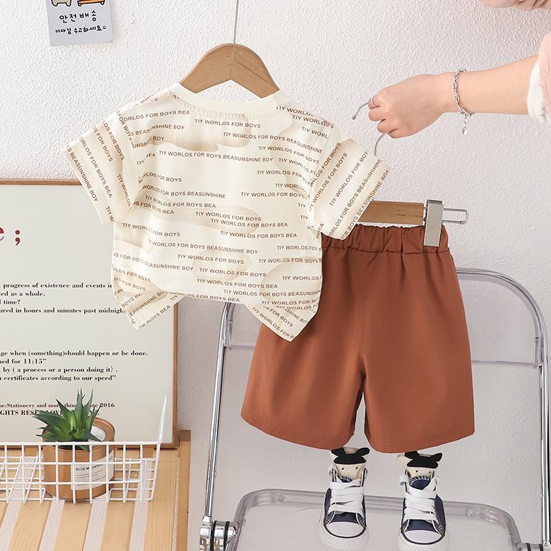 Boys' full printed letter pocket round neck short sleeved set, boys' casual two-piece set, summer thin design