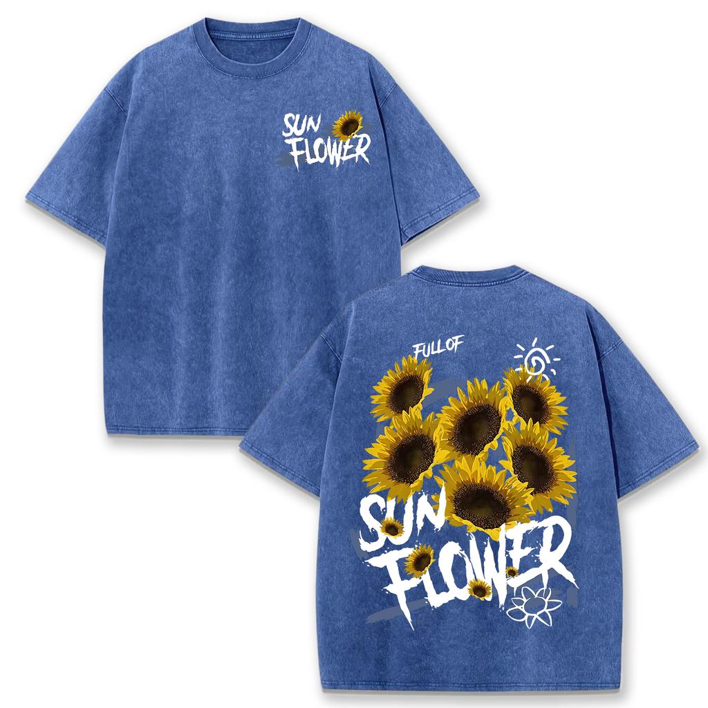 Lift Is Good Beautiful Sunflower Print Washed T Shirts Women Soft Cotton T-Shirt Street Creative Short Sleeve Summer Tops