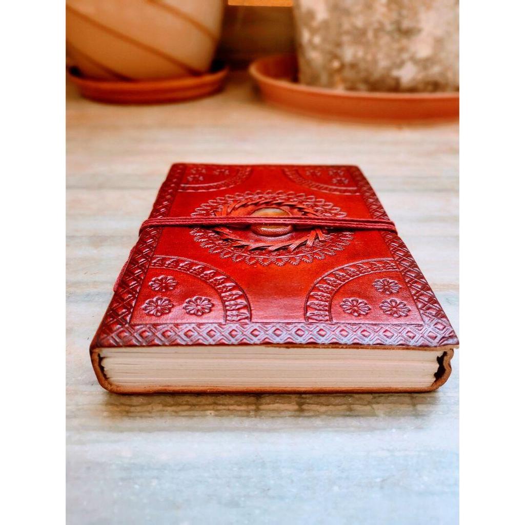 Semi Precious Stone Embossed Leather Bound Notebook, Stoned Leather Journal, Unlined Leather Notebook Handmade Diary Medium Size 5 by 7