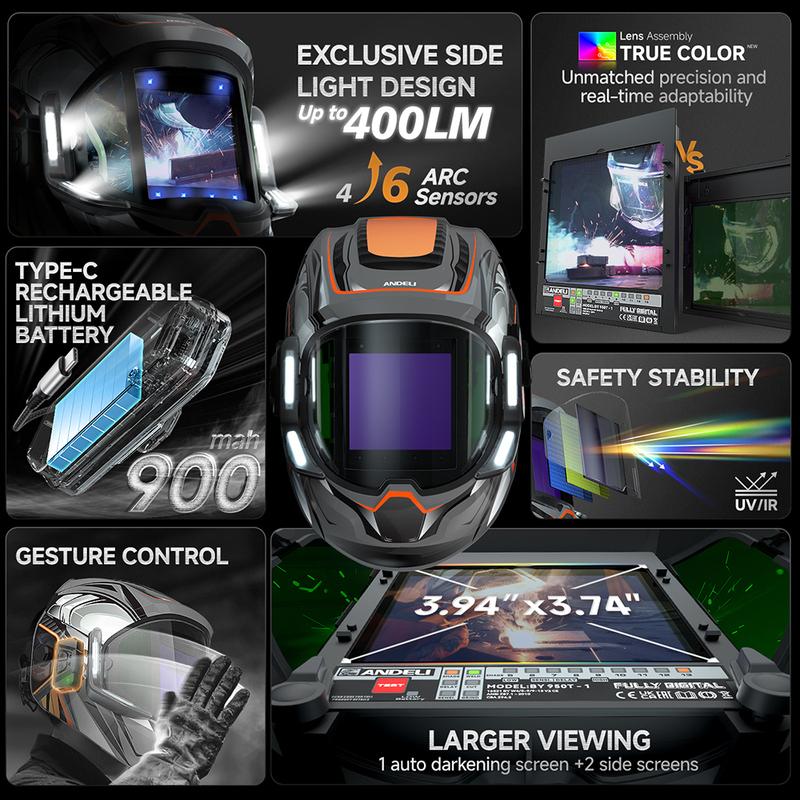 ANDELI Auto Darkening Welding Helmet with Large Viewing True Color Welding Mask 6 Arc Sensor 1/1/1/2 for Welding Cut Grind Area