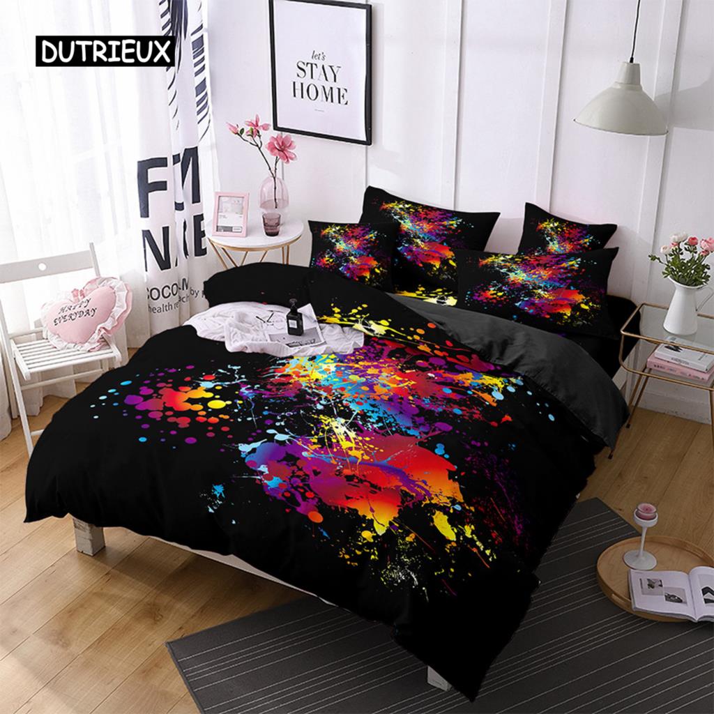 Set Copripiumino Acquerello Nero Multicolore Stampa Disegnata a Mano Biancheria da Letto Matrimoniale Microfibra Motivo Astratto Copripiumino