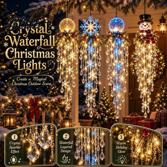 Santa Claus Snowman Decor Crystal Waterfall Christmas Lights, LED Warm White Pendant Festive Yard Decoration Light with Snowflake Droplets,