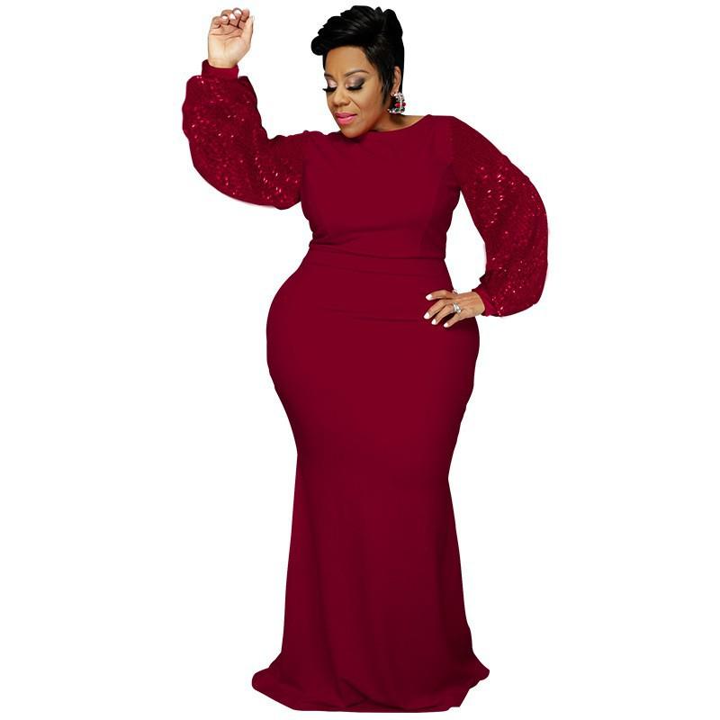 Plus Size Women Long Sleeve Sequin Midi Dress Elegant Office Wear Gray Blue Burgundy Orange XL 2XL 3XL 4XL 5XL Collection