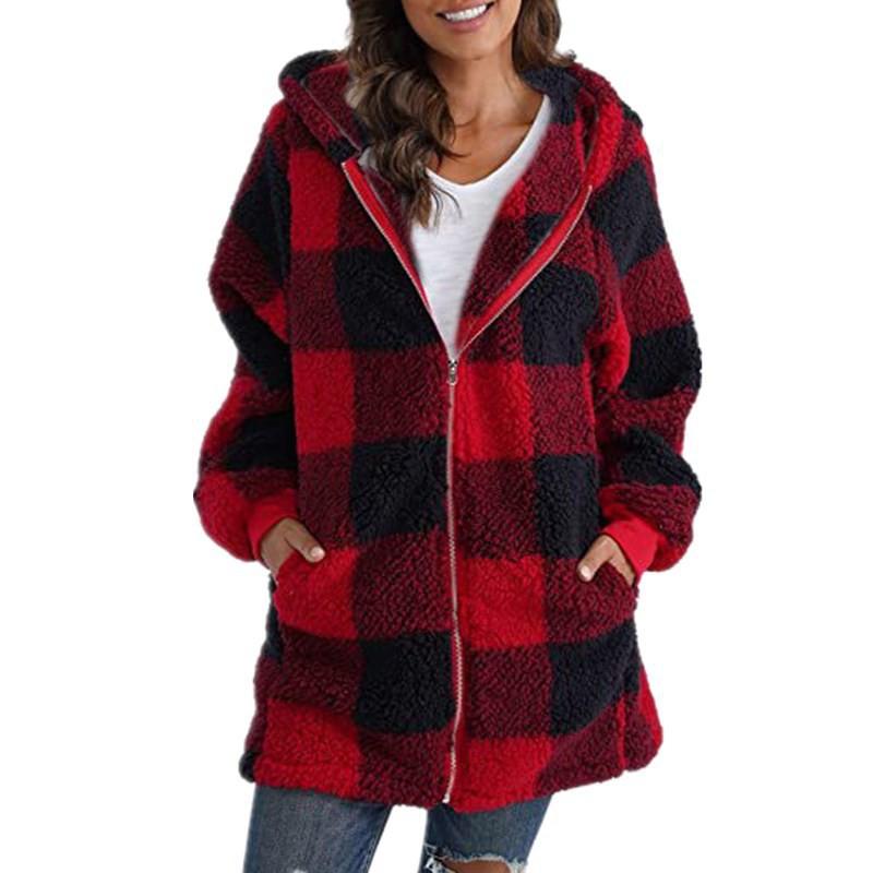 Womens Plush Hooded Zip-Up Oversized Long Sleeve Grid Print Jacket Streetwear Loose Fit