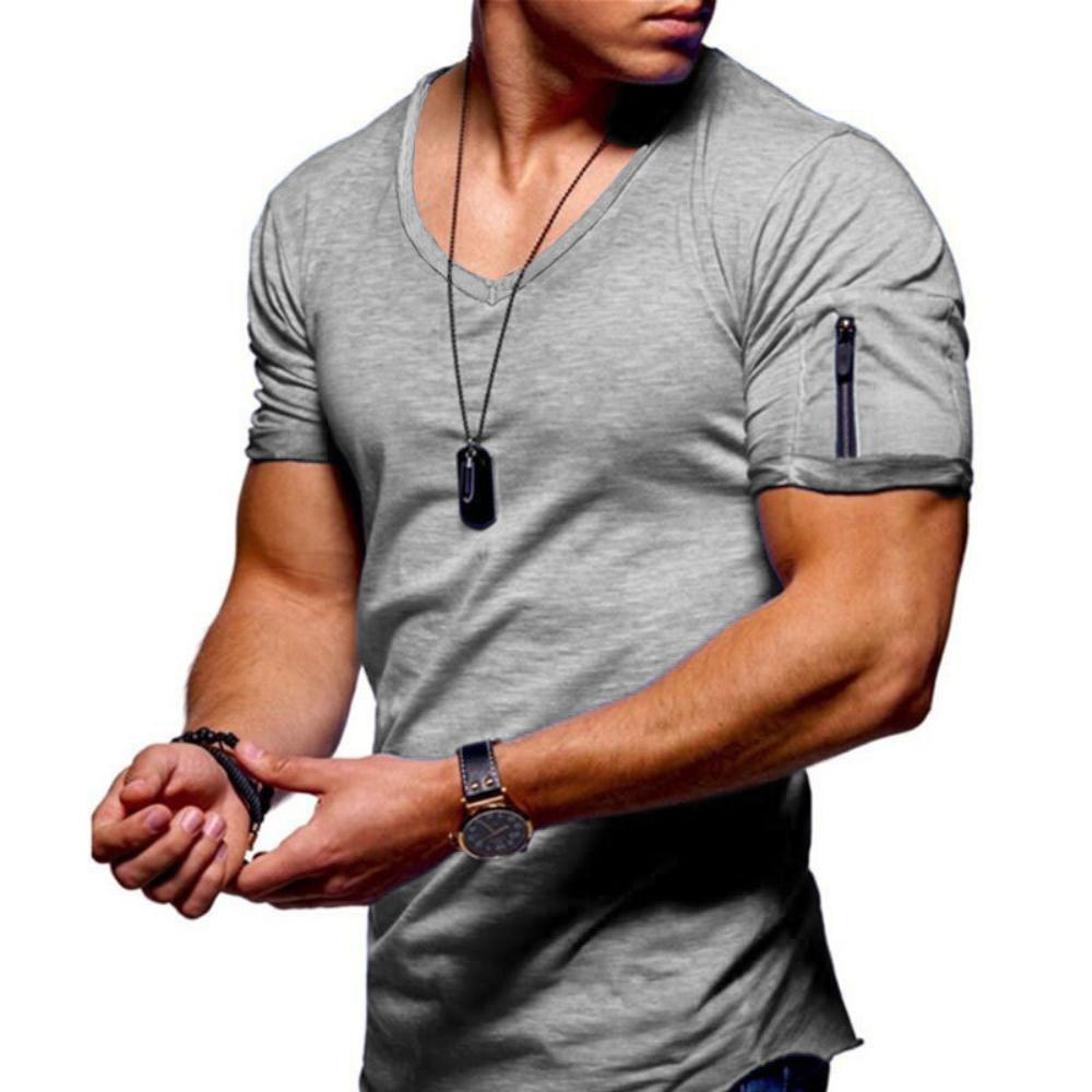 Men V-Neck Casual T-shirt Solid Color Slim Fit Gym Sports Fashion Zipper Design Short Sleeve T-shirts Soft Comfortable Tops