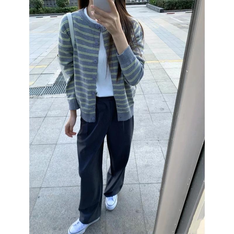 Contrasting striped sweater jacket women's autumn and winter new retro lazy knitted top with cardigan