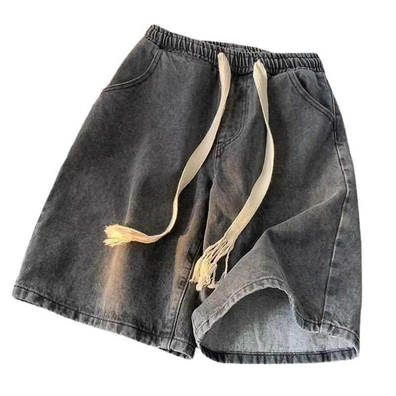 Elastic Waist Denim Trousers Men's Elastic Drawstring Denim Shorts with Pockets Casual Summer Beach Shorts Quick-drying for Men