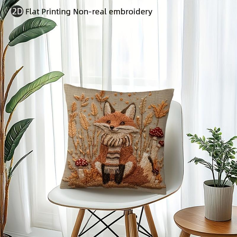 1pc 2D Printed Vintage Fox and Mushroom Pillow Cover