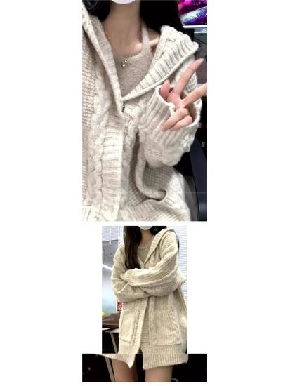 Dámský pletený kardigan s kapucí a silnou copánkovou vazbou - Podzimní/zimní styl