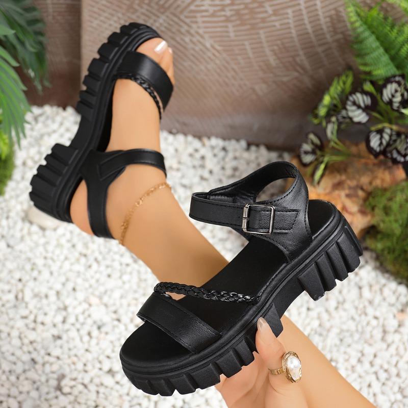 Summer solid color round head one-word buckle muffin bottom casual style thick sole women's large size sandals