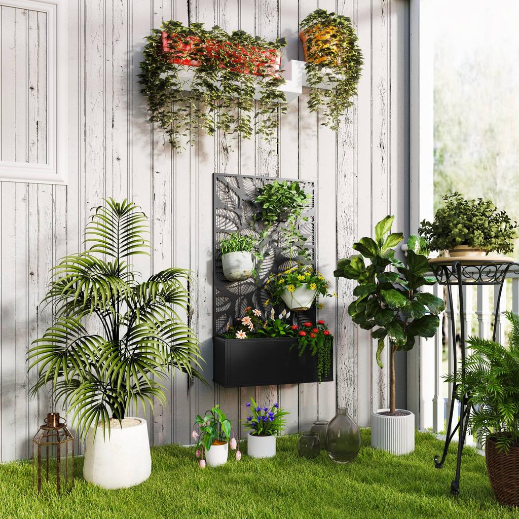 Outdoor Metal Planter, with Back Trellis - Black