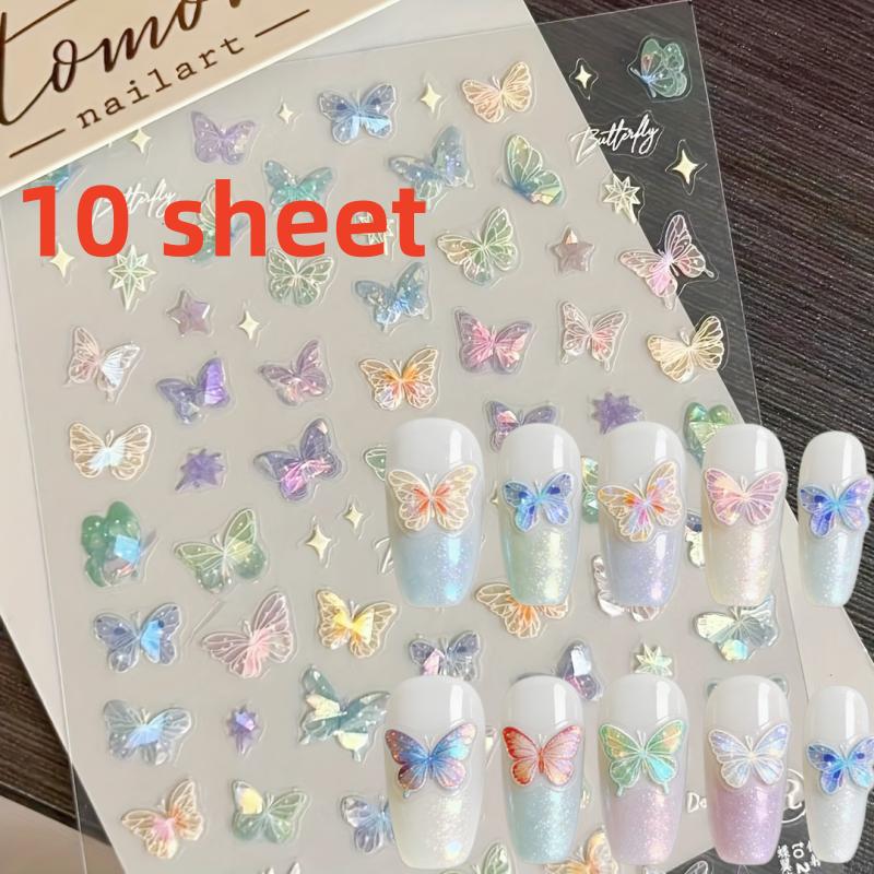 11/11sheet Iridescent Butterfly Nail Sticker,Glittering Decal For Nails,Self-Adhesive,One-Time Use,Animal Pattern Nail Stickers