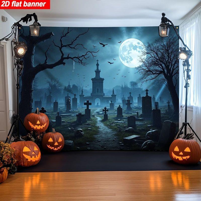 1 piece 2D flat Halloween cemetery banner, haunted gothic-themed background costume suitable for outdoor parties