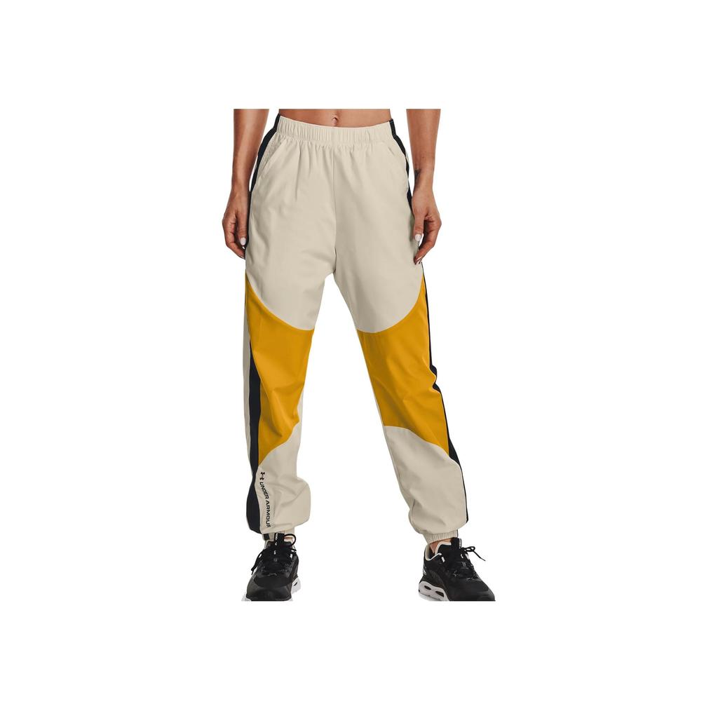 Under Armour Letter Print Mid Rise Elastic Color Block Loose Casual Pants Women bottoms Yellow White 1369846-279