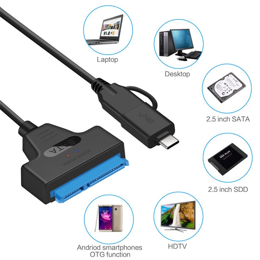 2 in 1 SATA III to USB 3.0 Cable External Hard Drive USB C to Serial ATA 22pin Converter Hard Disk Cable for 2.5" HDD/SSD Cable