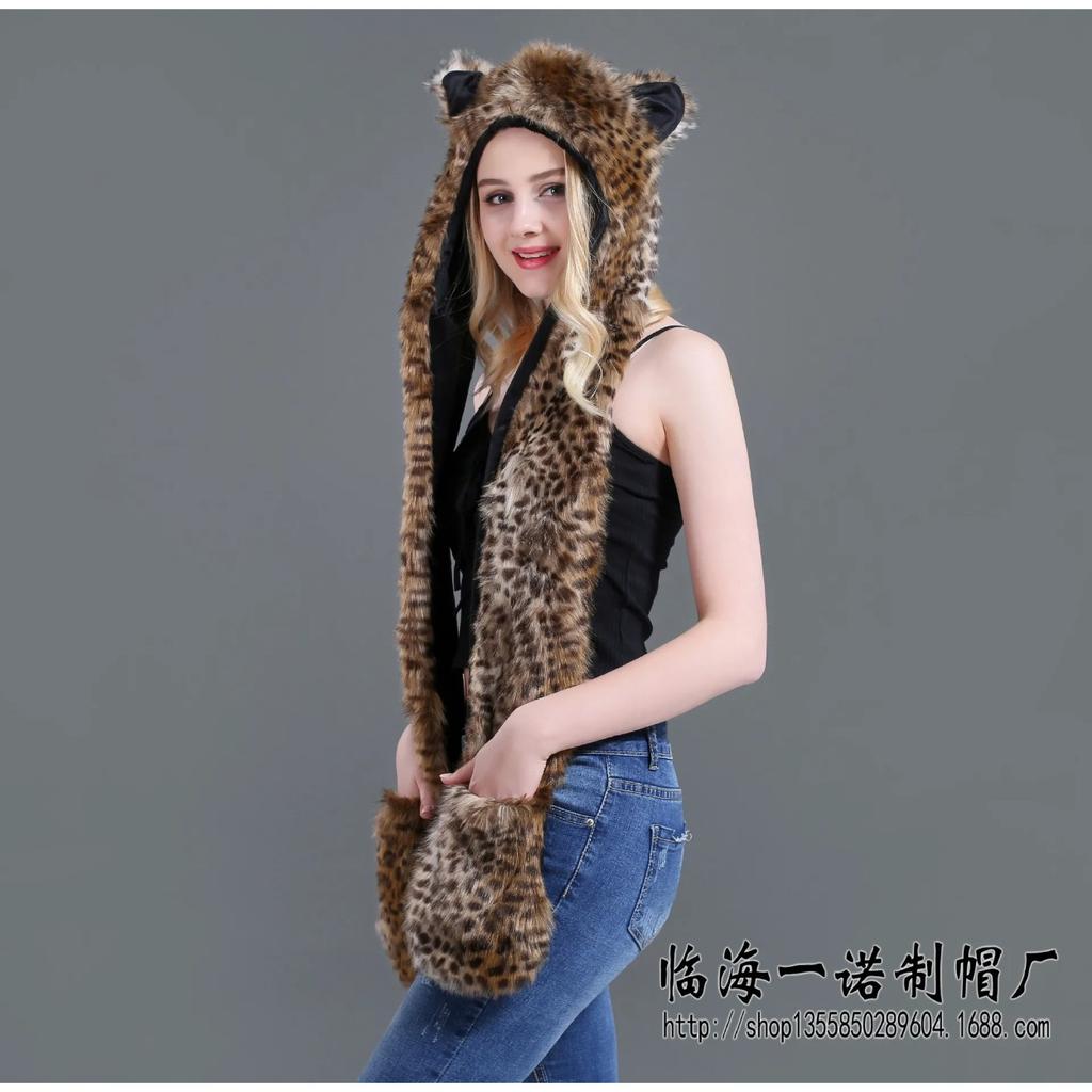 Women Girls Y2K Beanie Fur Animal Hat Scarf Glove Mitten 3-in-1 Function Furry Hoodie with Paws Ears Party Costume