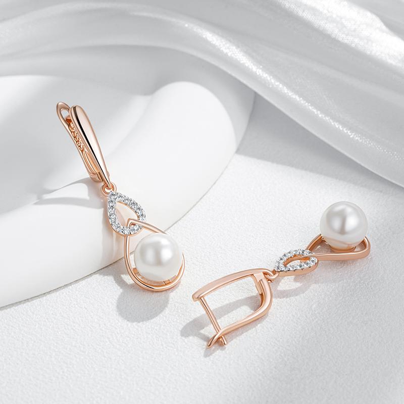 Luxury  Rose Gold Color Drop English Earrings For Women Unique Geometric Pearl Earrings Bridal Wedding Jewelry  New
