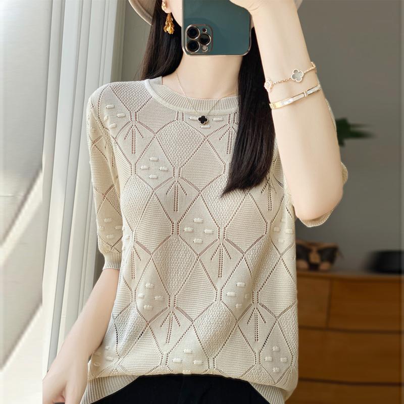 Women Knit T-shirt Summer Knitted Shirt Short Sleeve Tees O-neck Pullover Knit Tops Female