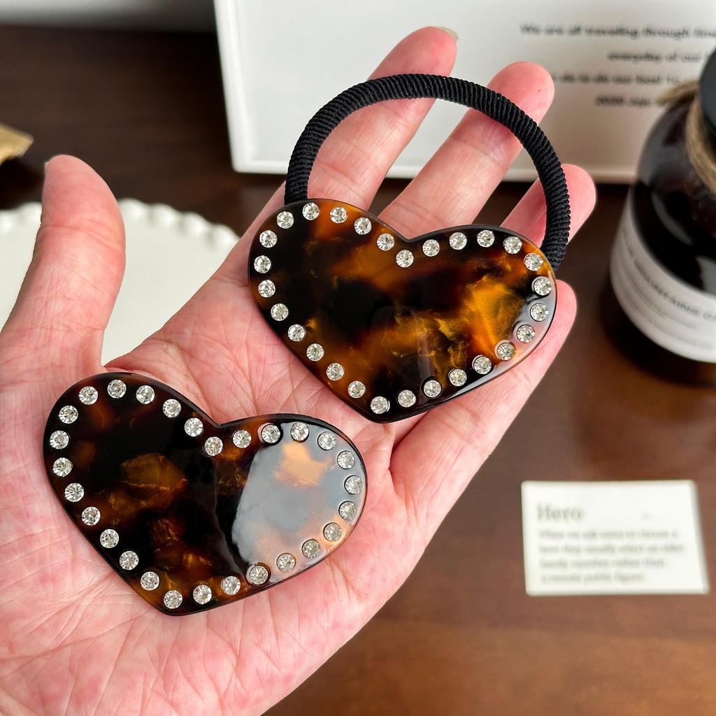 Chic Heart Shaped Rhinestone Hair Clip And Scrunchie Set For Stylish High Ponytails