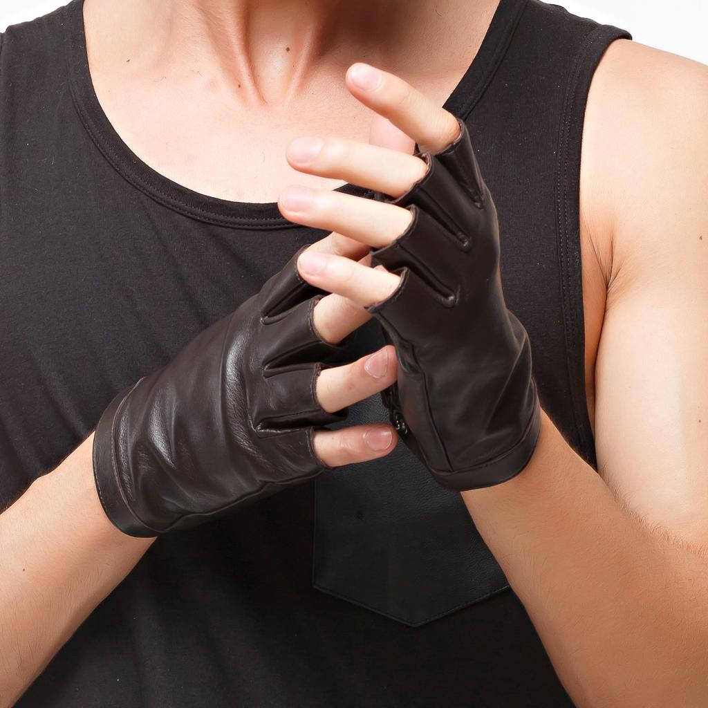 [Nappaglo] Men's Short Genuine Leather Sheepskin Fingerless Gloves for Summer, Spring, and Autumn - Suitable for Commuting, School, Sports, Driving, a