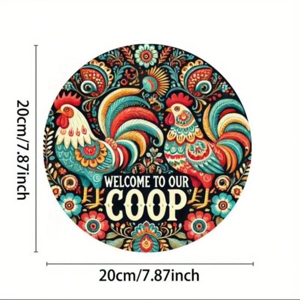 Vintage Style Round Metal Tin Sign 20x20cm Farmhouse Chicken Cage Wall Decor
