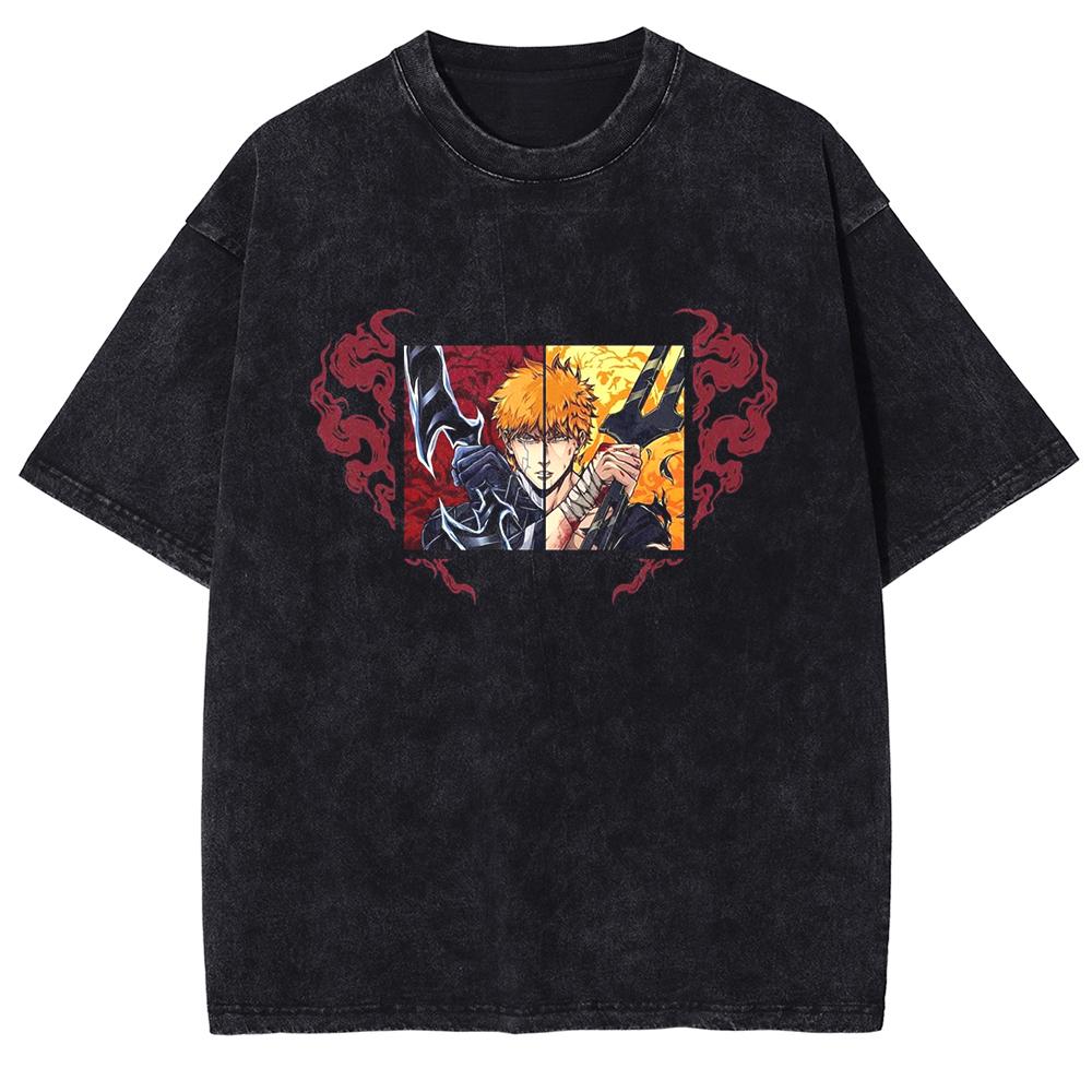 BLEACH T Shirt Manga Kurosaki Ichigo Print Tshirt Men Unisex Clothes Vintage Washed Streetwear Short Sleeve Cotton Tee Shirt